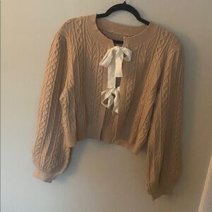 Tan Cable Knit Cardigan with Ribbon Ties